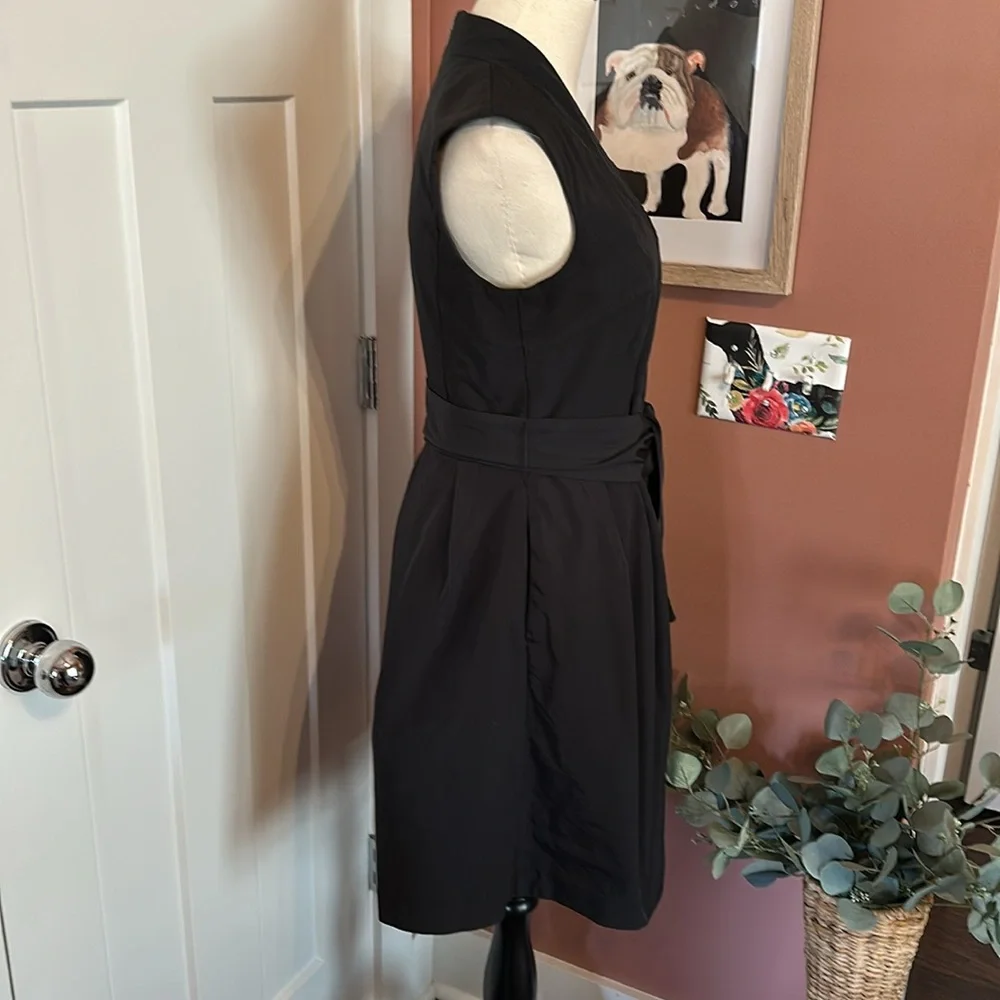 CUE made in Australia black origami faux wrap cap sleeve 6 mini pockets dress